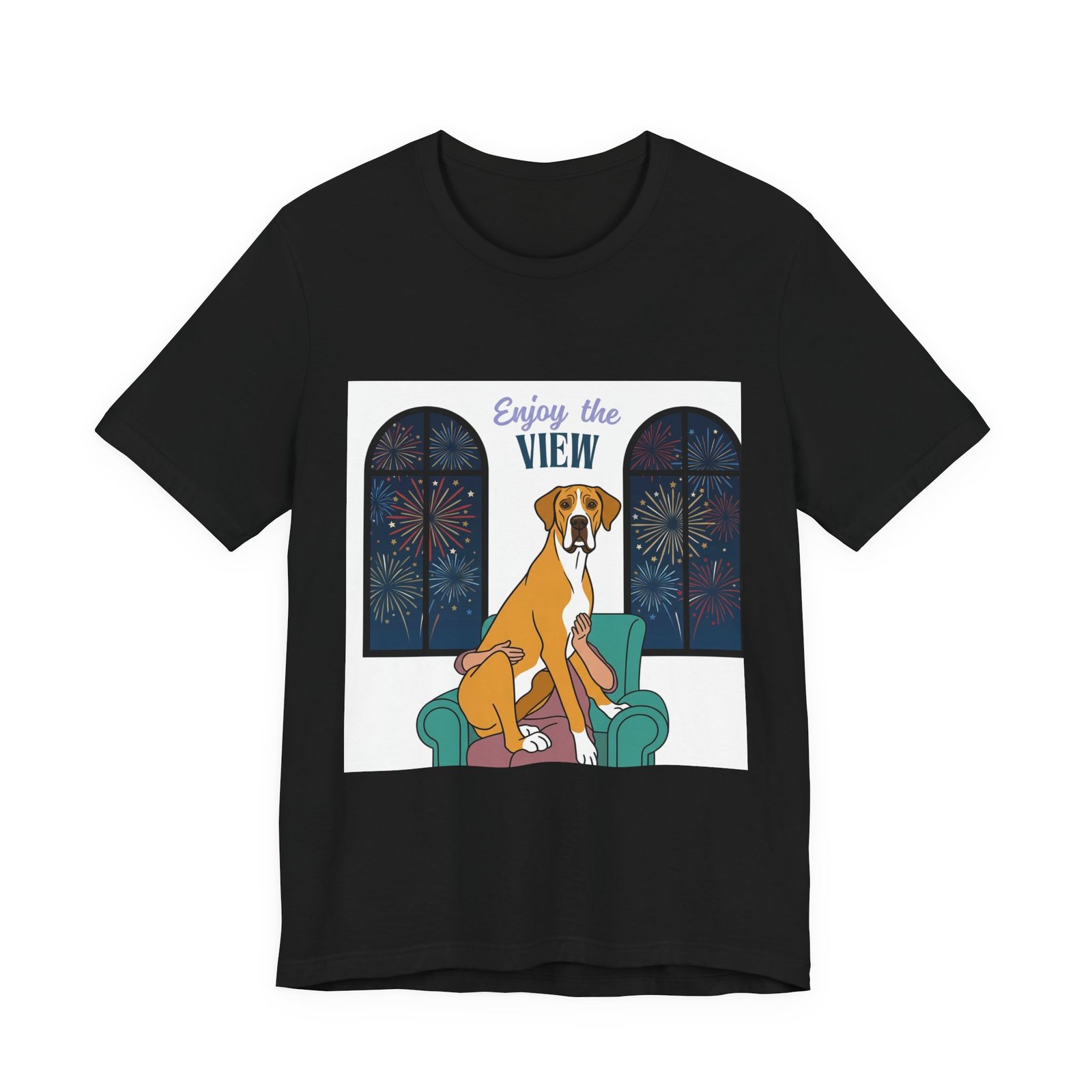Fawn Mantle Great Dane Enjoy the View T-Shirt — Dog Watching Fireworks Graphic Tee - Image 12