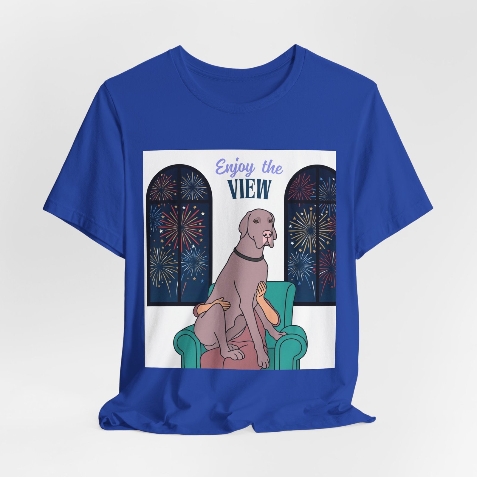 Lilac Great Dane Enjoy the View T-Shirt — Dog Watching Fireworks Graphic Tee - Image 49