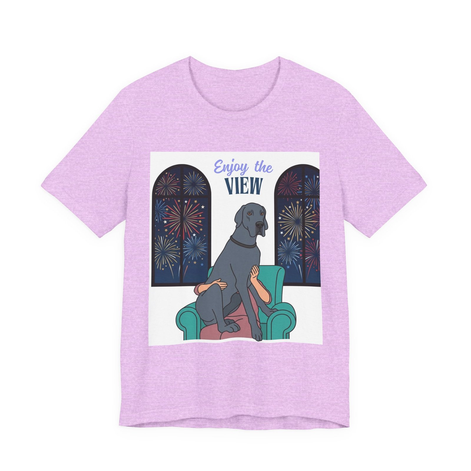 Blue Great Dane Enjoy the View T-Shirt — Dog Watching Fireworks Graphic Tee - Image 51