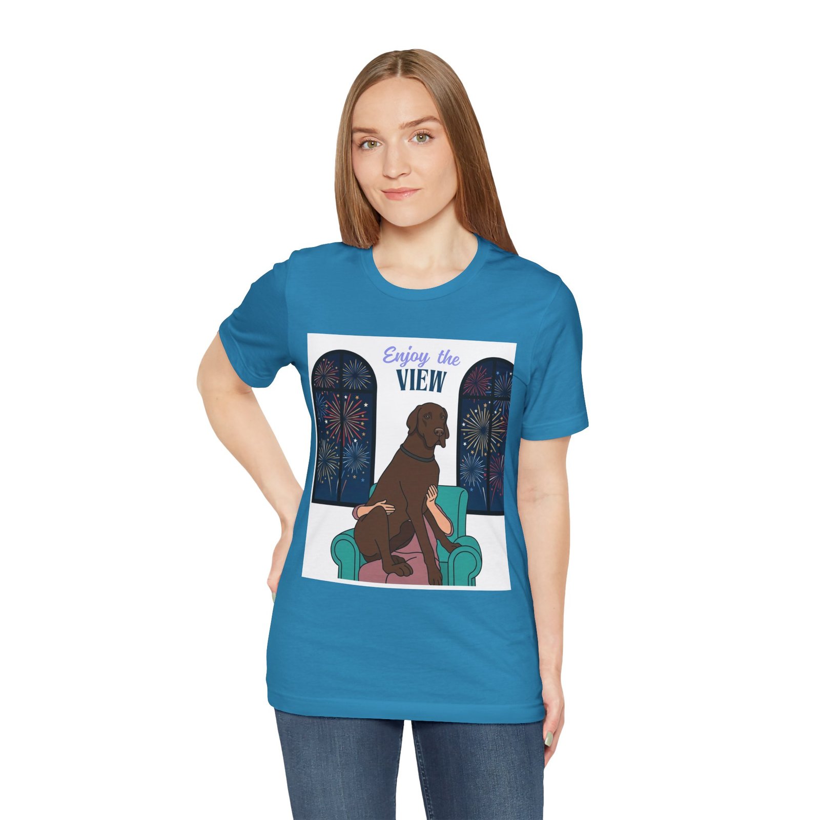 Chocolate Great Dane Enjoy the View T-Shirt — Dog Watching Fireworks Graphic Tee