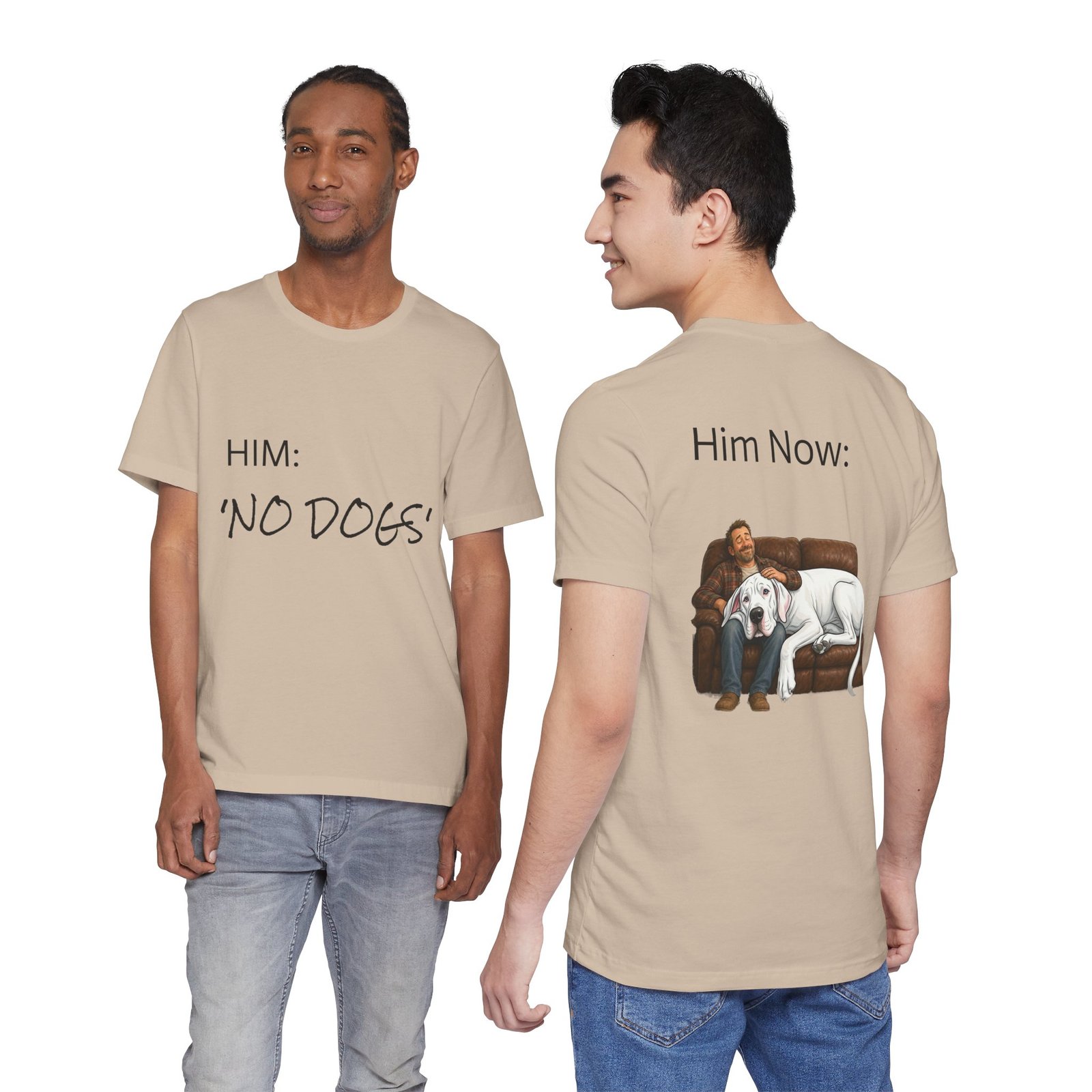 White Great Dane T-Shirt — "NO DOGS" Script Front with Man and Dog on Couch Graphic - Image 61