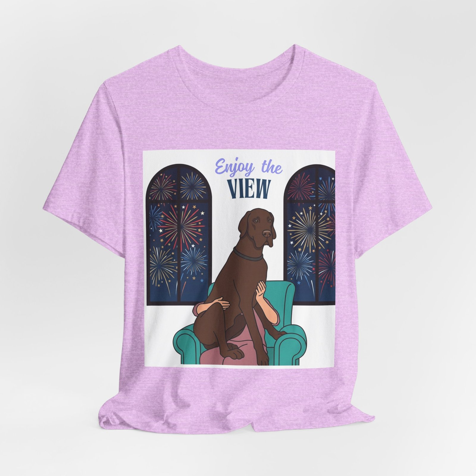 Chocolate Great Dane Enjoy the View T-Shirt — Dog Watching Fireworks Graphic Tee - Image 54