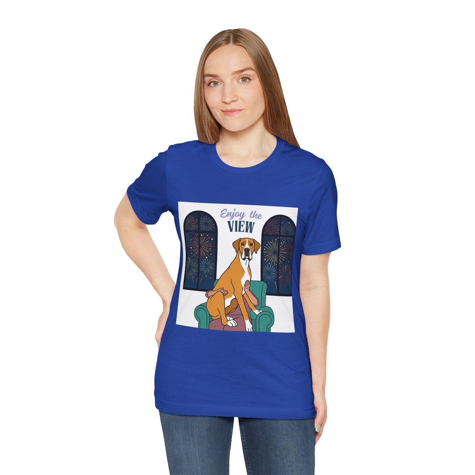 Fawn Mantle Great Dane Enjoy the View T-Shirt — Dog Watching Fireworks Graphic Tee - Image 50