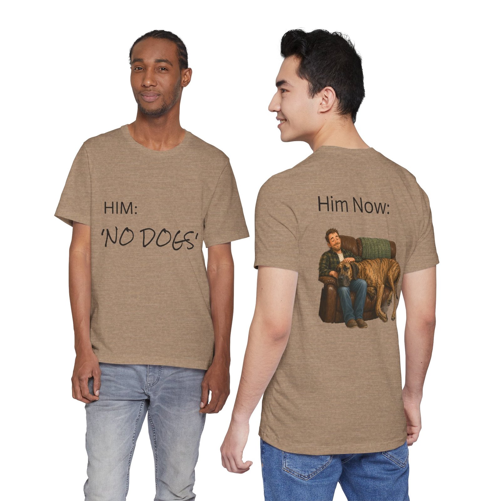 Brindle Great Dane T-Shirt — "NO DOGS" Script Front with Man and Dog on Couch Graphic - Image 30