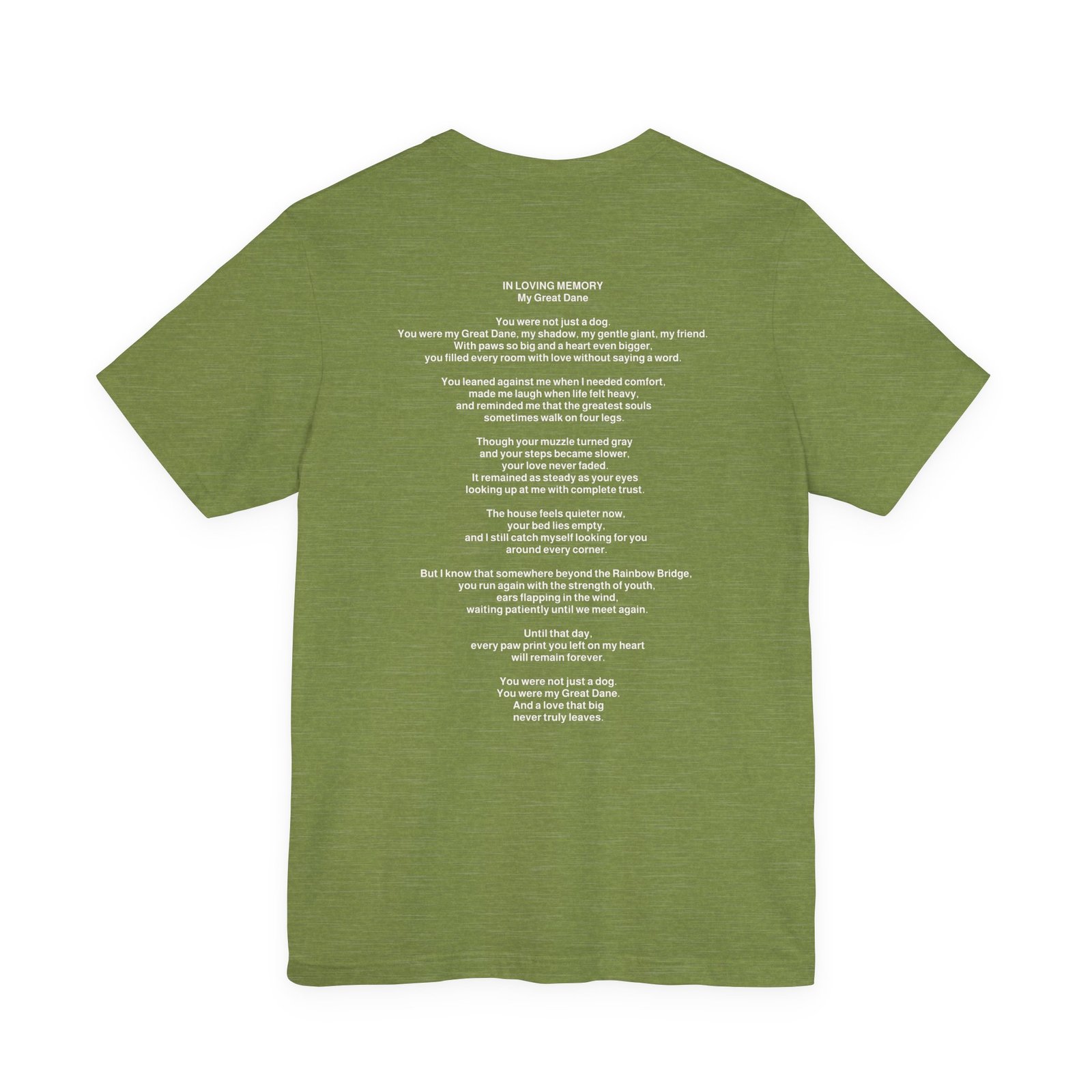 Unisex Blue Great Dane with White Chest Snip Great Dane Rainbow Bridge Lyric Back-Print Tee — 'Beloved Memory' Poem Shirt - Image 8