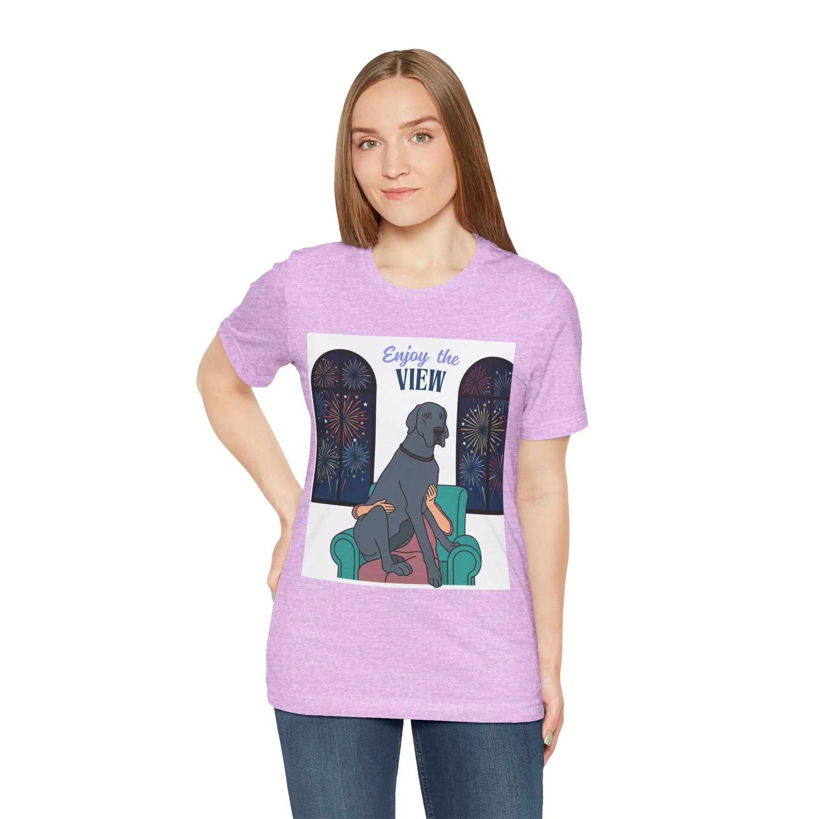 Blue Great Dane Enjoy the View T-Shirt — Dog Watching Fireworks Graphic Tee - Image 55