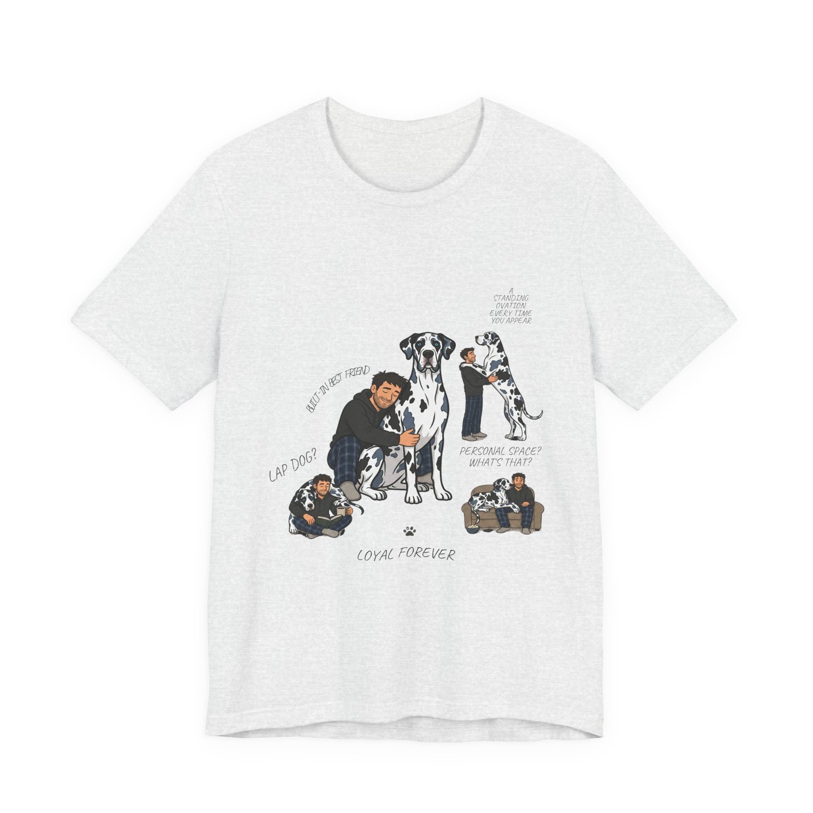 Blue and Black Merlequin with blue eyes Great Danes Illustrated Tee — "Men + Great Danes" Graphic T-Shirt - Image 70