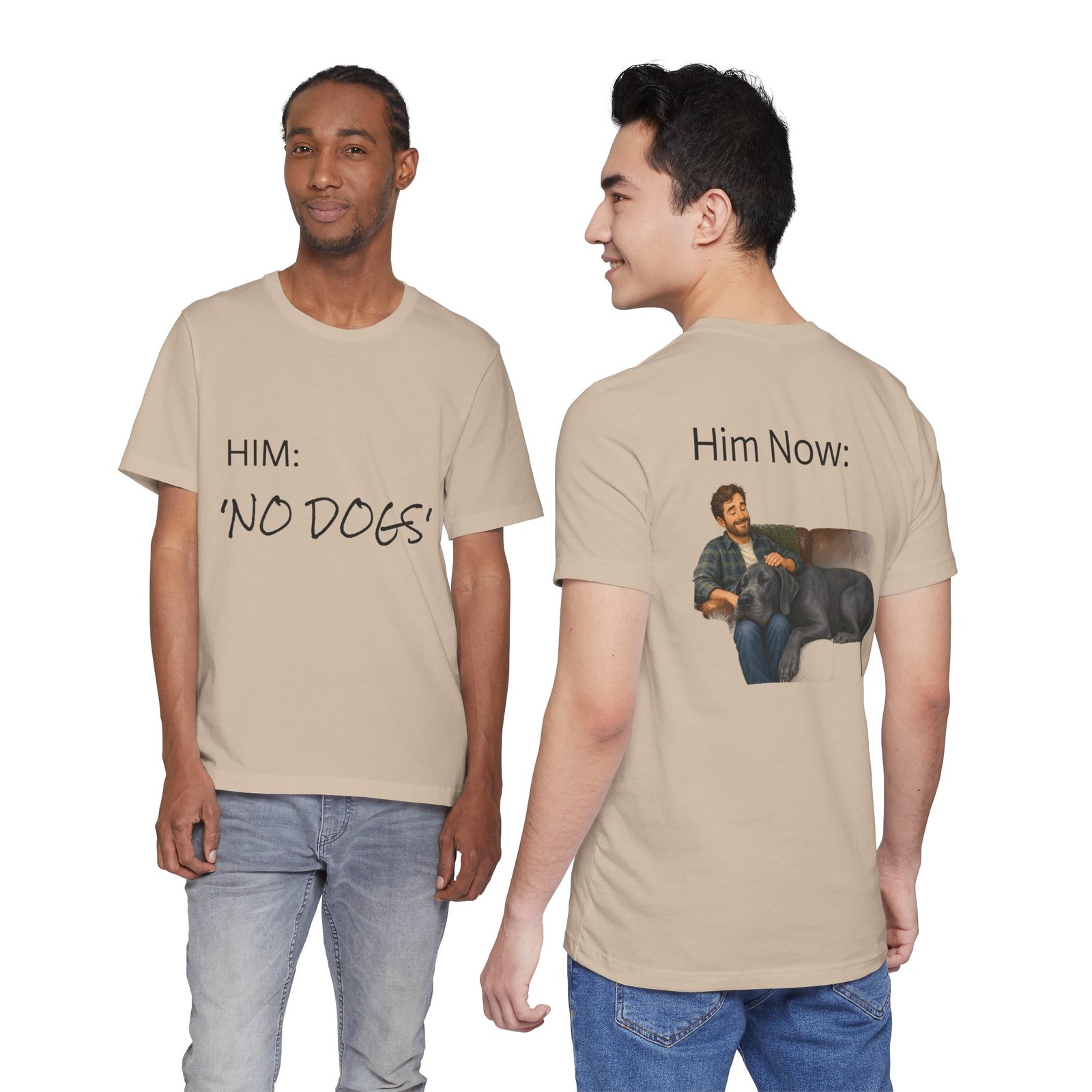 Blue Great Dane T-Shirt — "NO DOGS" Script Front with Man and Dog on Couch Graphic - Image 40