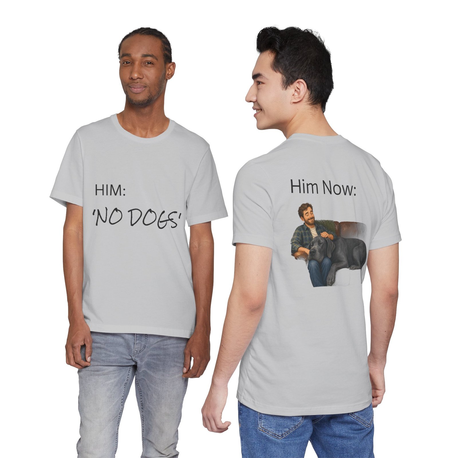 Blue Great Dane T-Shirt — "NO DOGS" Script Front with Man and Dog on Couch Graphic - Image 52