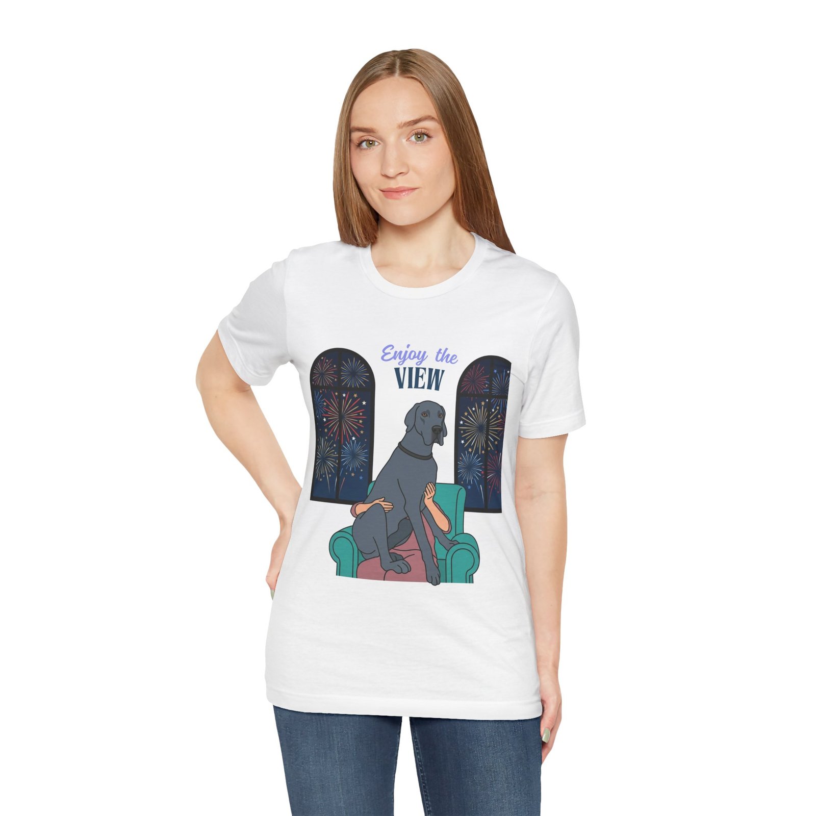 Blue Great Dane Enjoy the View T-Shirt — Dog Watching Fireworks Graphic Tee - Image 6