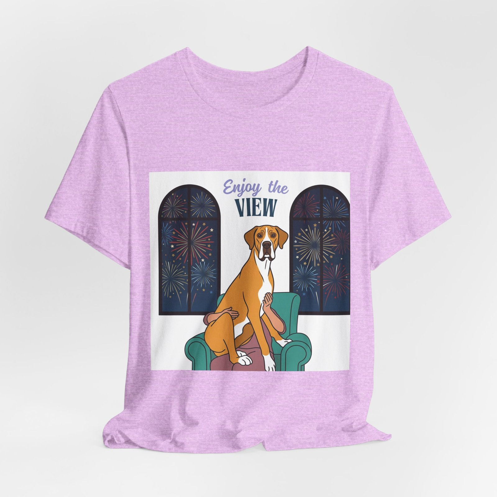 Fawn Mantle Great Dane Enjoy the View T-Shirt — Dog Watching Fireworks Graphic Tee - Image 59