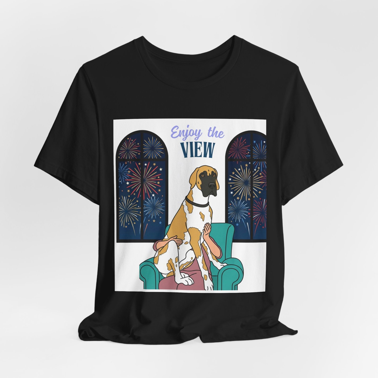Fawnequin Great Dane Enjoy the View T-Shirt — Dog Watching Fireworks Graphic Tee - Image 15