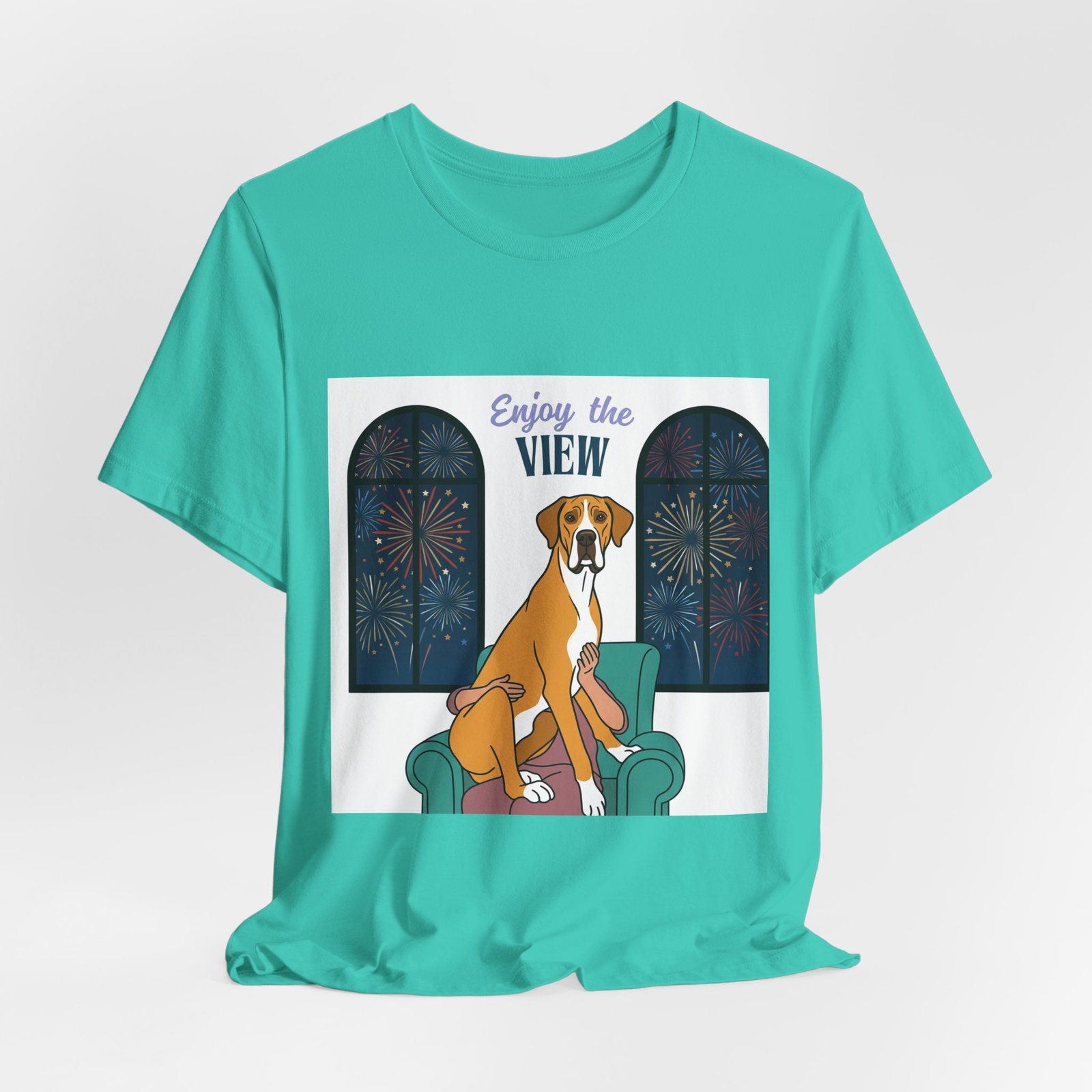 Fawn Mantle Great Dane Enjoy the View T-Shirt — Dog Watching Fireworks Graphic Tee - Image 29