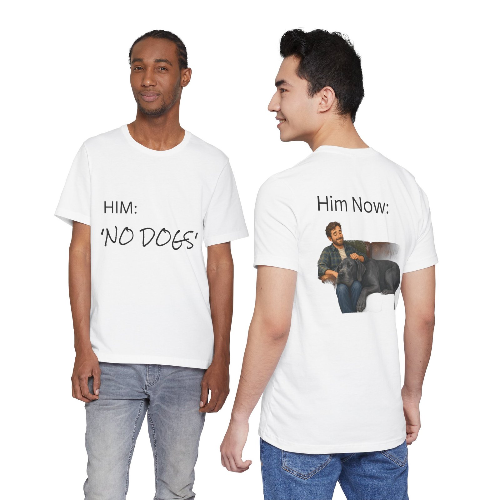 Blue Great Dane T-Shirt — "NO DOGS" Script Front with Man and Dog on Couch Graphic - Image 6