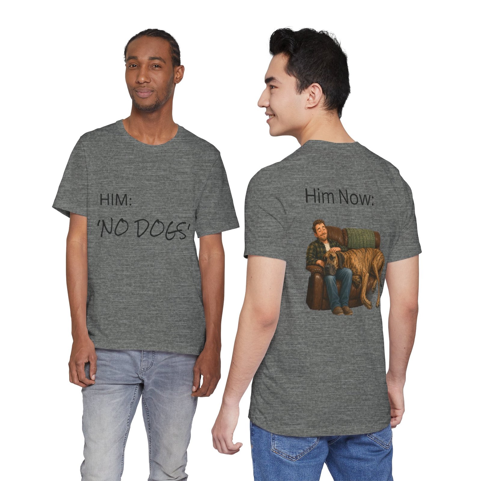 Brindle Great Dane T-Shirt — "NO DOGS" Script Front with Man and Dog on Couch Graphic - Image 25