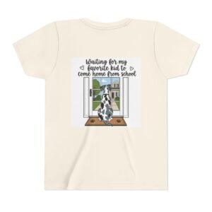 Youth Tee – Black & Blue Harlequin Great Dane "Waiting for My Favorite Kid to Come Home from School" Back-Print Kids T-Shirt