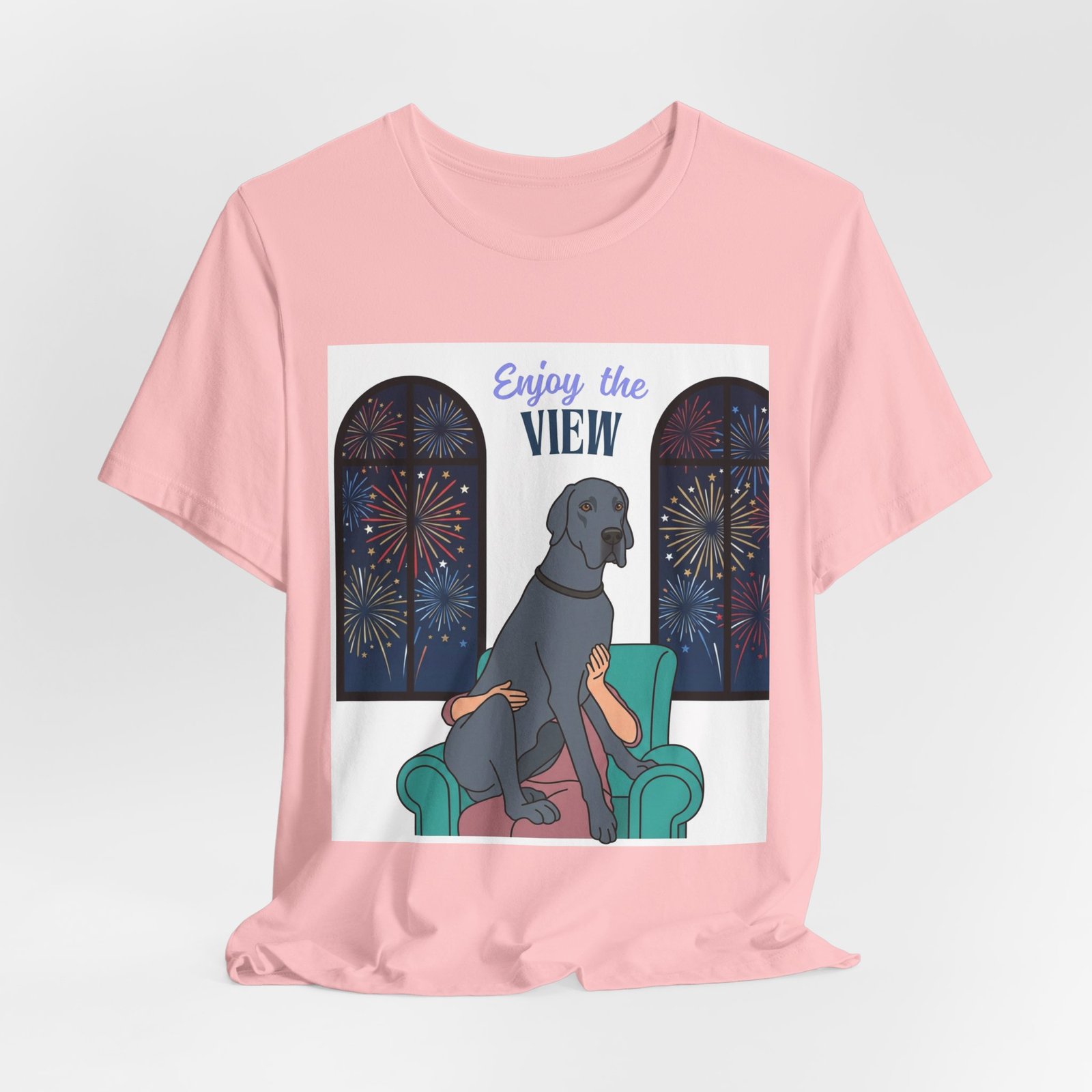 Blue Great Dane Enjoy the View T-Shirt — Dog Watching Fireworks Graphic Tee - Image 64