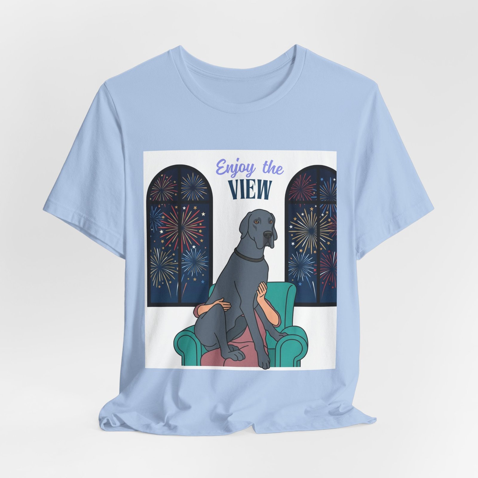 Blue Great Dane Enjoy the View T-Shirt — Dog Watching Fireworks Graphic Tee - Image 39