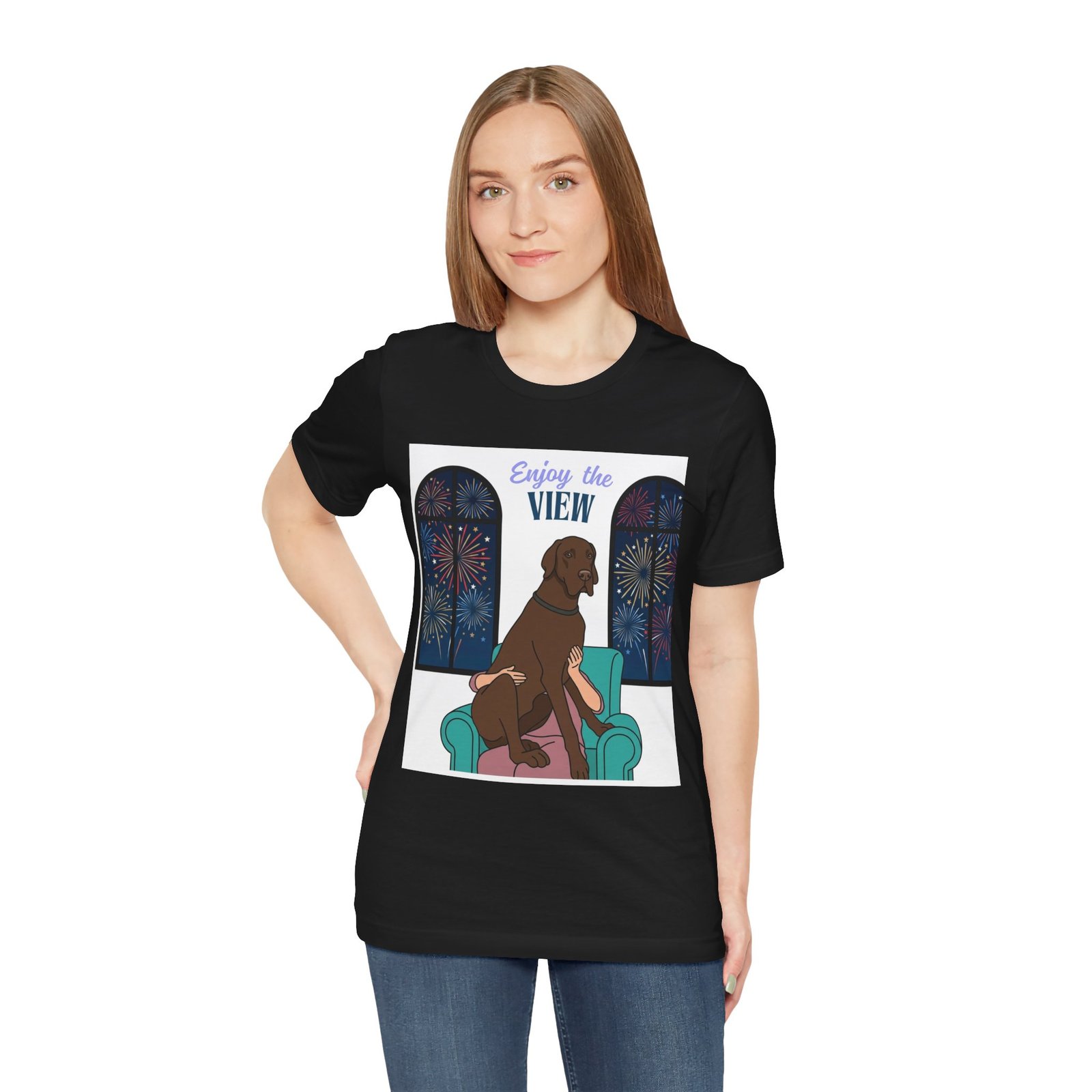 Chocolate Great Dane Enjoy the View T-Shirt — Dog Watching Fireworks Graphic Tee - Image 6