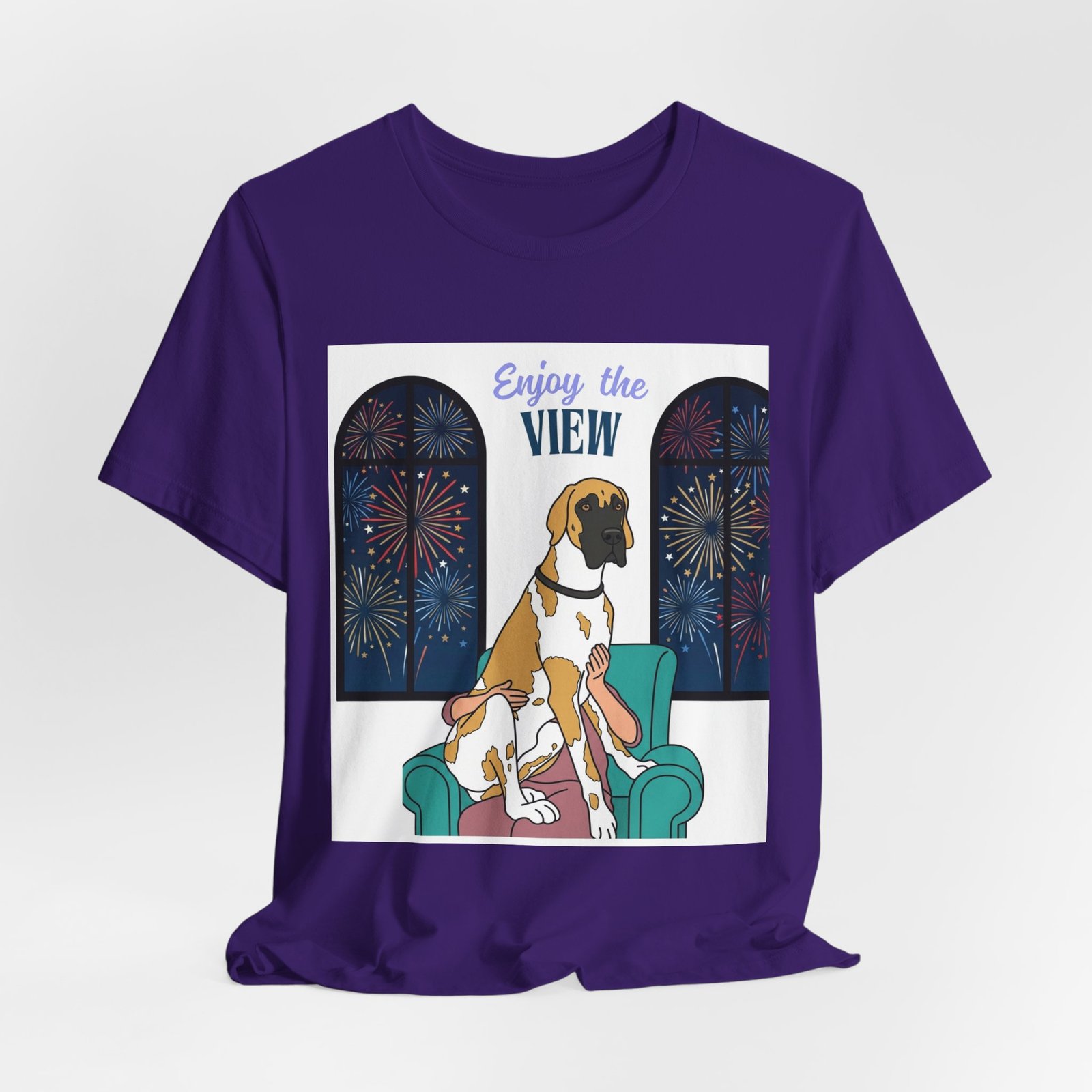 Fawnequin Great Dane Enjoy the View T-Shirt — Dog Watching Fireworks Graphic Tee - Image 54