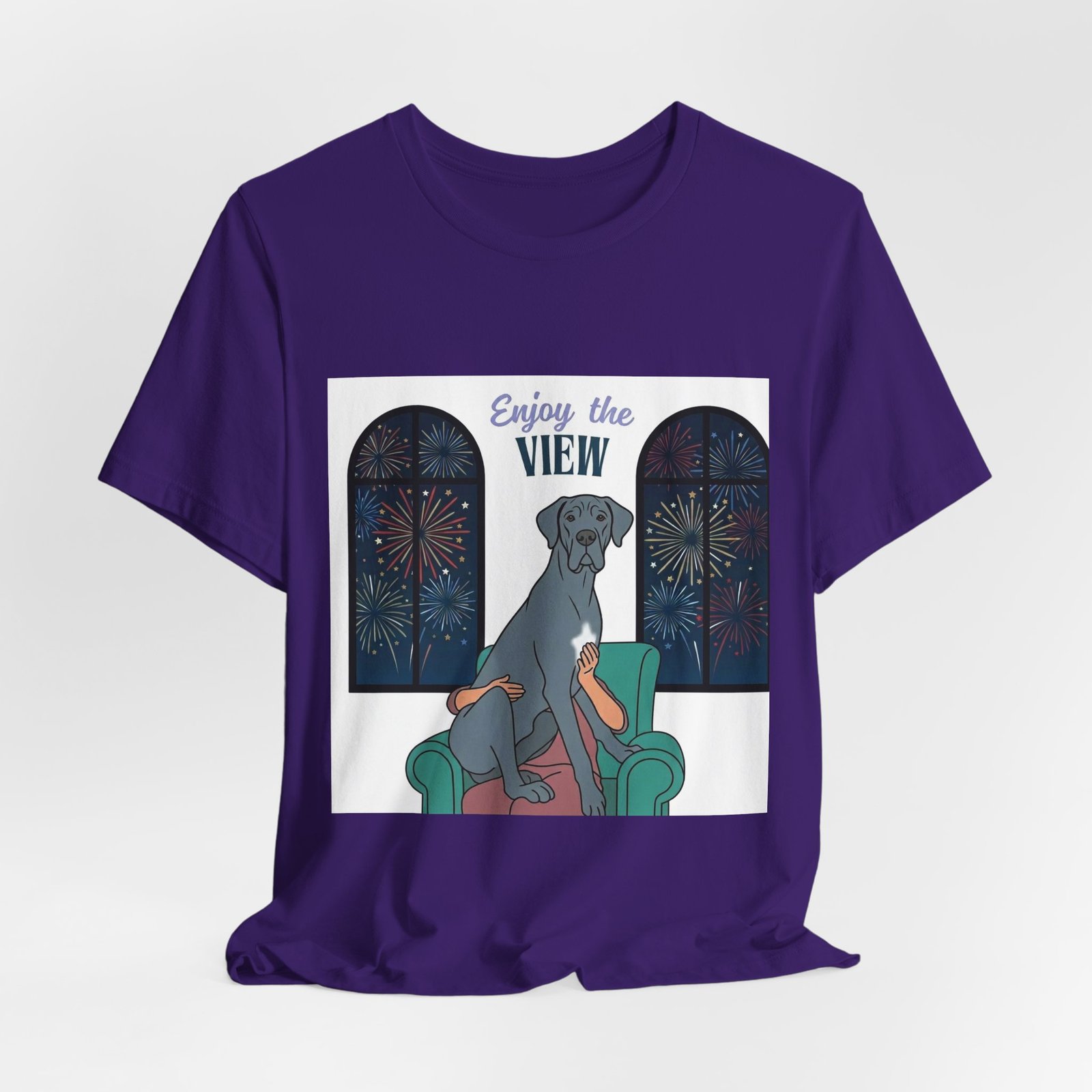 Blue with white chest marking Great Dane Enjoy the View T-Shirt — Dog Watching Fireworks Graphic Tee - Image 49
