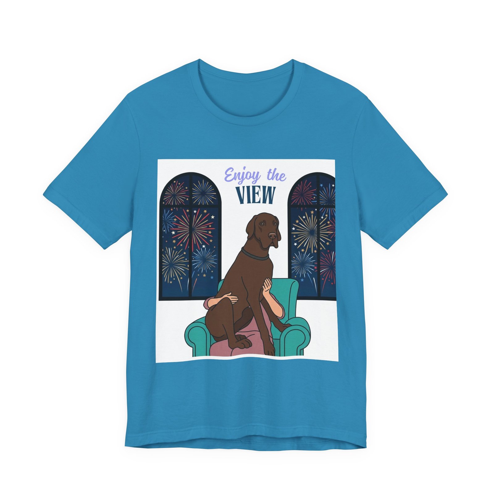 Chocolate Great Dane Enjoy the View T-Shirt — Dog Watching Fireworks Graphic Tee - Image 2
