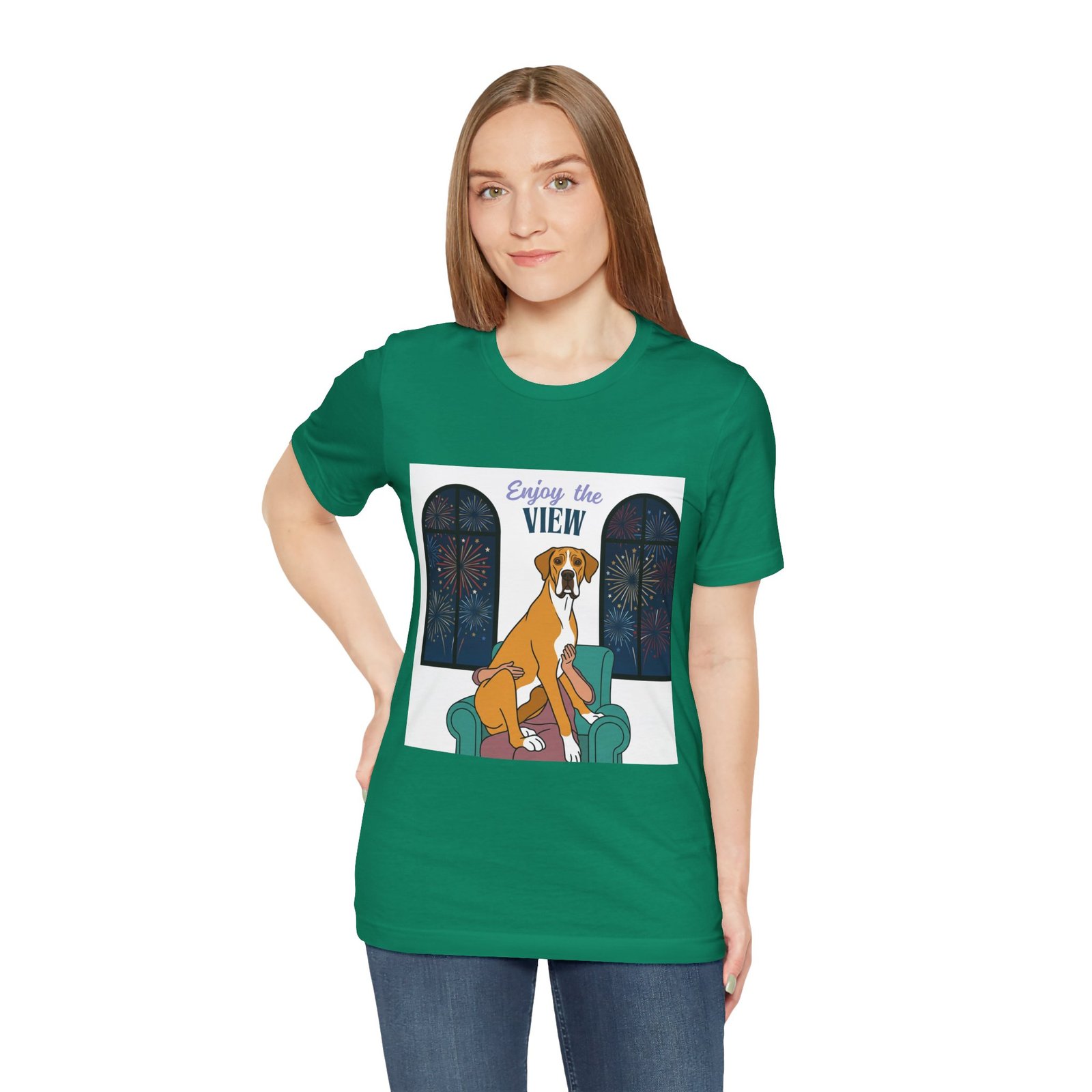 Fawn Mantle Great Dane Enjoy the View T-Shirt — Dog Watching Fireworks Graphic Tee - Image 35