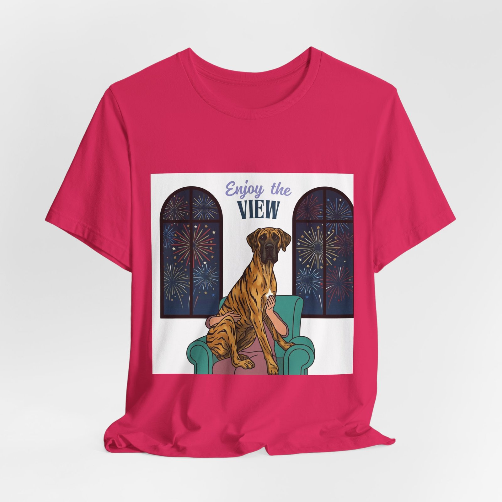 Brindle with white chest marking Great Dane Enjoy the View T-Shirt — Dog Watching Fireworks Graphic Tee - Image 59