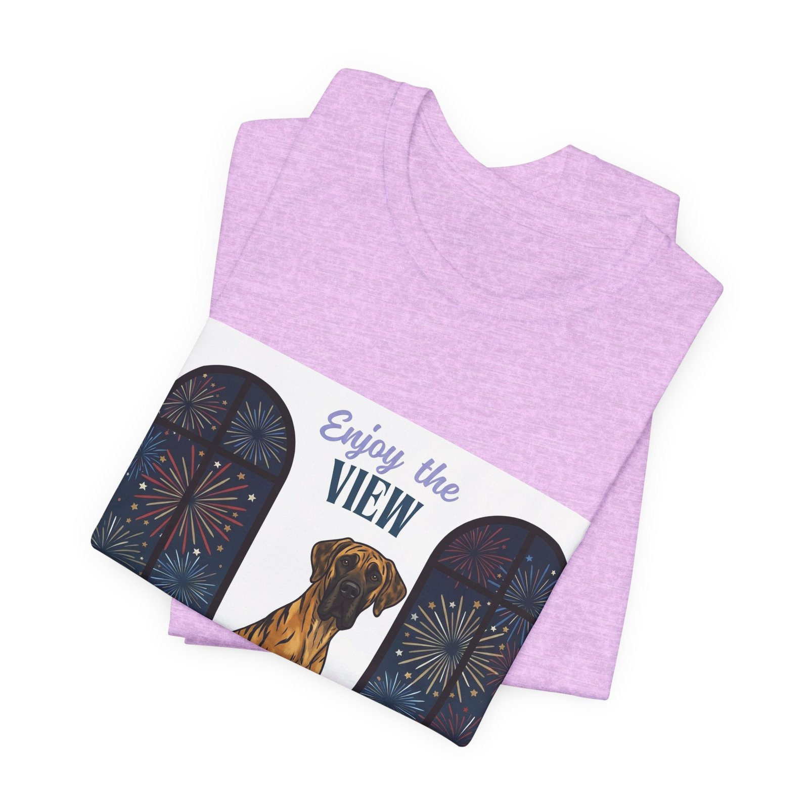 Brindle with white chest marking Great Dane Enjoy the View T-Shirt — Dog Watching Fireworks Graphic Tee - Image 4