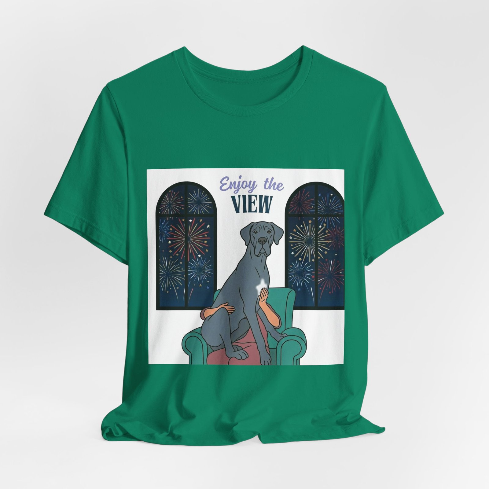 Blue with white chest marking Great Dane Enjoy the View T-Shirt — Dog Watching Fireworks Graphic Tee - Image 34