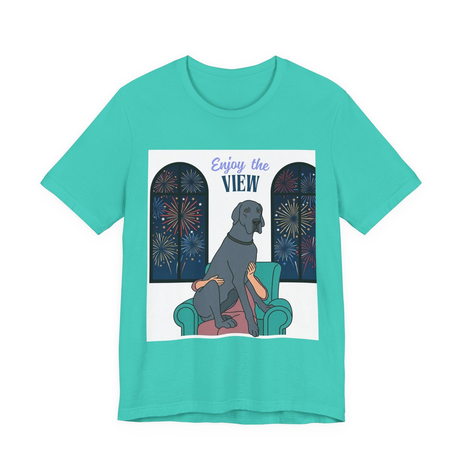 Blue Great Dane Enjoy the View T-Shirt — Dog Watching Fireworks Graphic Tee - Image 2