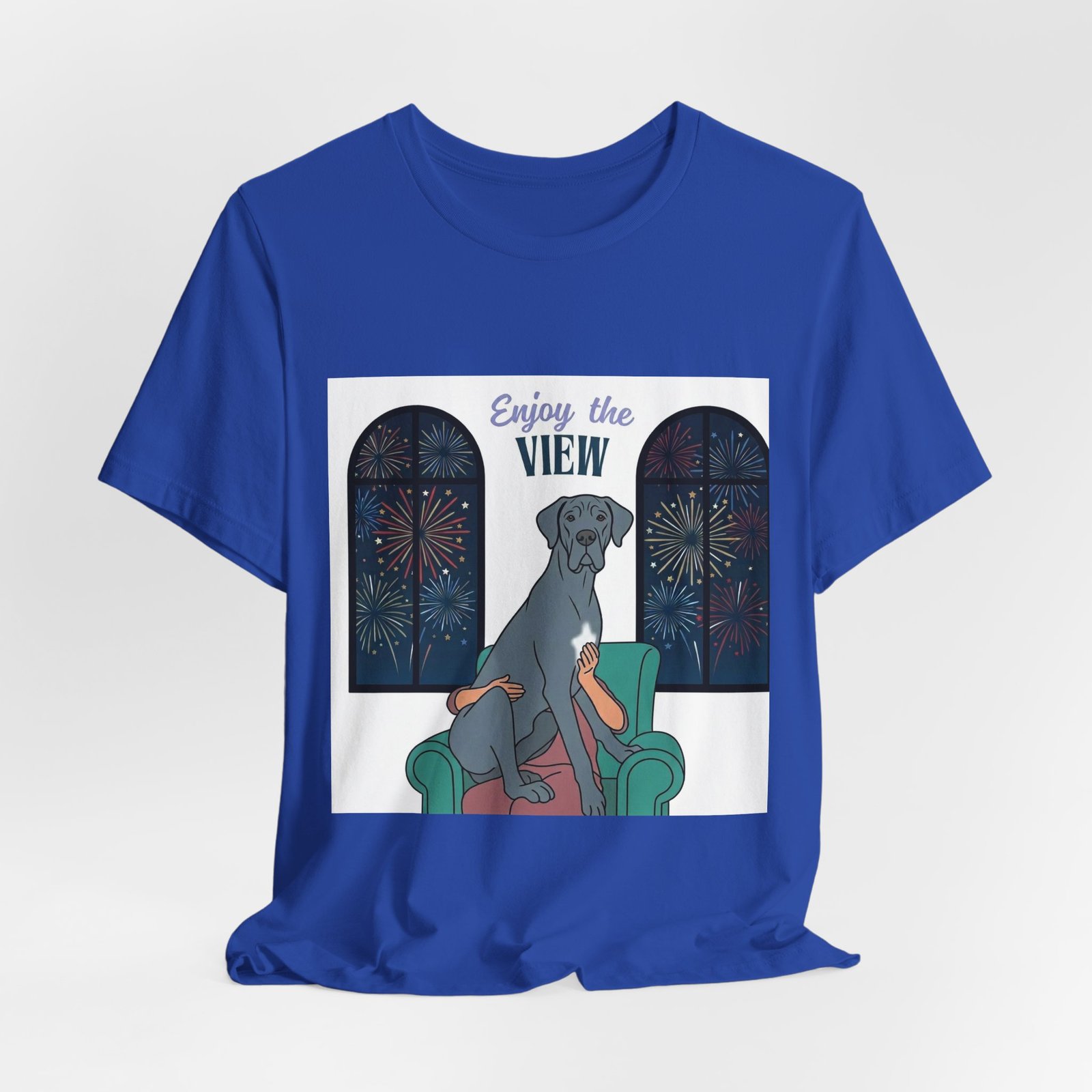 Blue with white chest marking Great Dane Enjoy the View T-Shirt — Dog Watching Fireworks Graphic Tee - Image 5