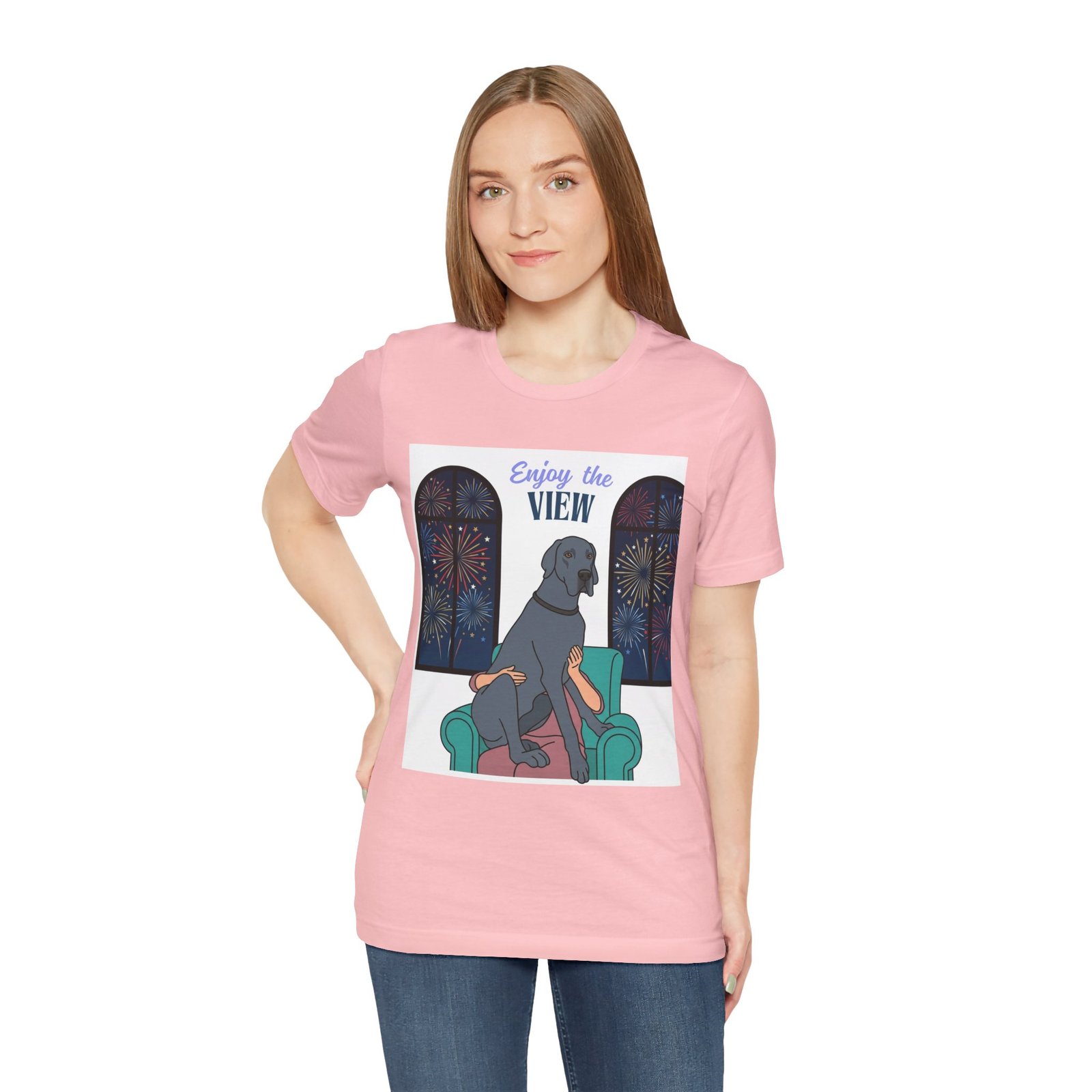 Blue Great Dane Enjoy the View T-Shirt — Dog Watching Fireworks Graphic Tee - Image 65