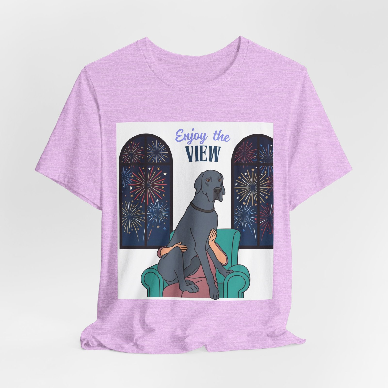 Blue Great Dane Enjoy the View T-Shirt — Dog Watching Fireworks Graphic Tee - Image 54