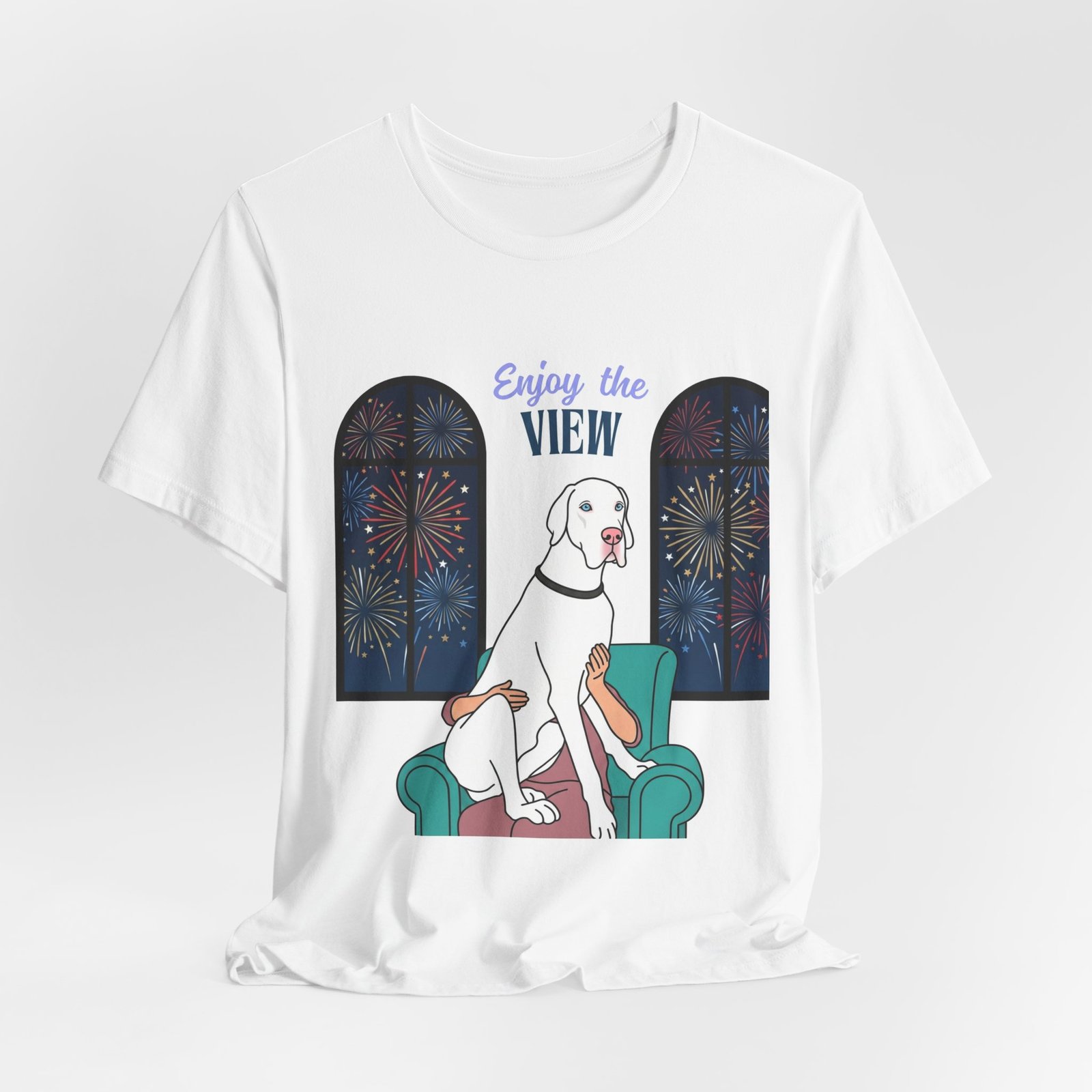 White with Blue Eyes Great Dane Enjoy the View T-Shirt — Dog Watching Fireworks Graphic Tee - Image 20
