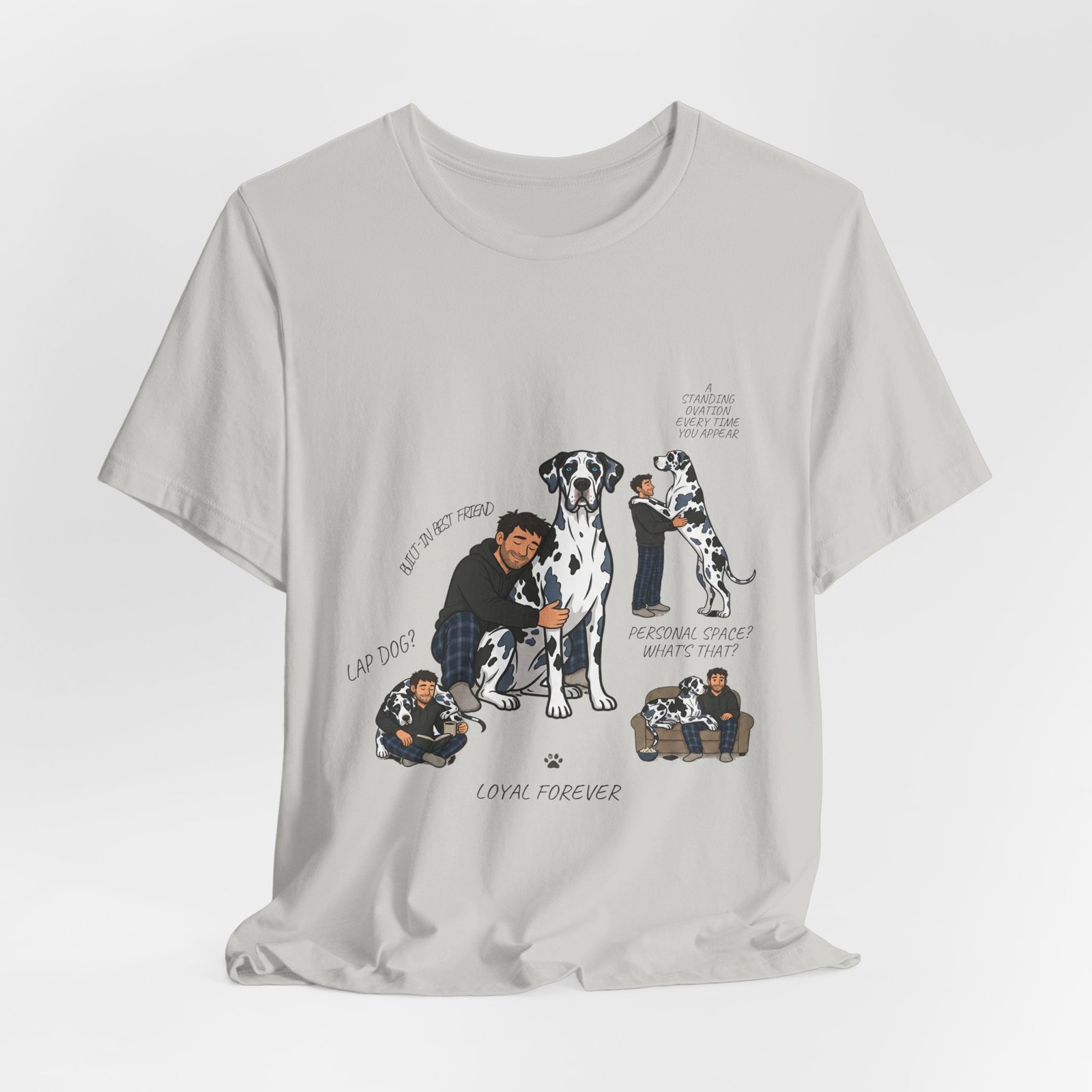 Blue and Black Merlequin with blue eyes Great Danes Illustrated Tee — "Men + Great Danes" Graphic T-Shirt - Image 21