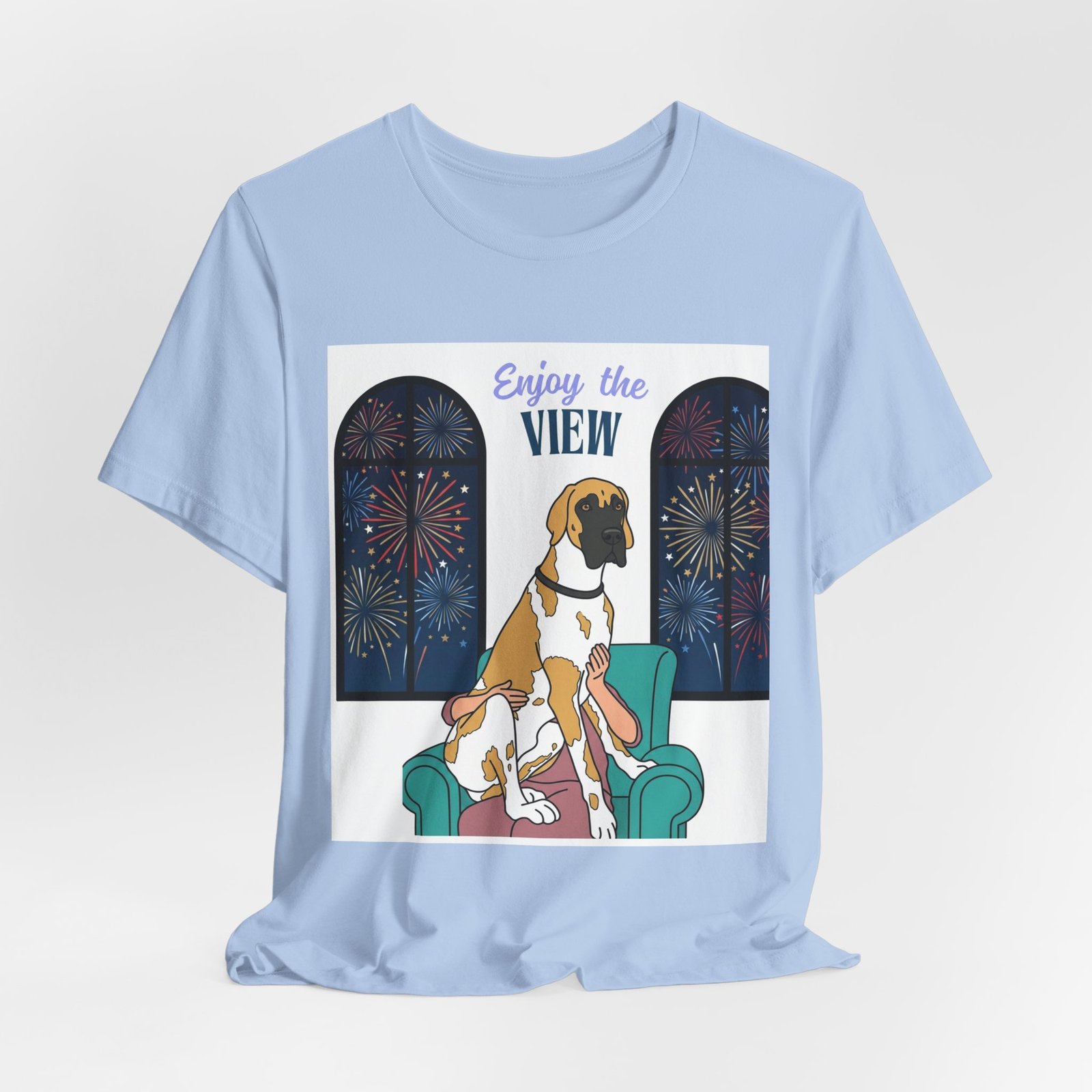 Fawnequin Great Dane Enjoy the View T-Shirt — Dog Watching Fireworks Graphic Tee - Image 44