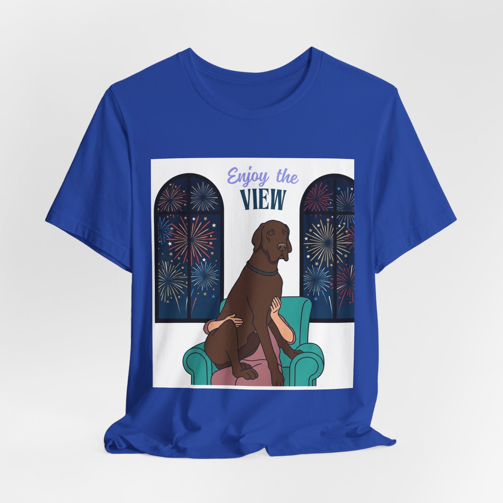 Chocolate Great Dane Enjoy the View T-Shirt — Dog Watching Fireworks Graphic Tee - Image 44