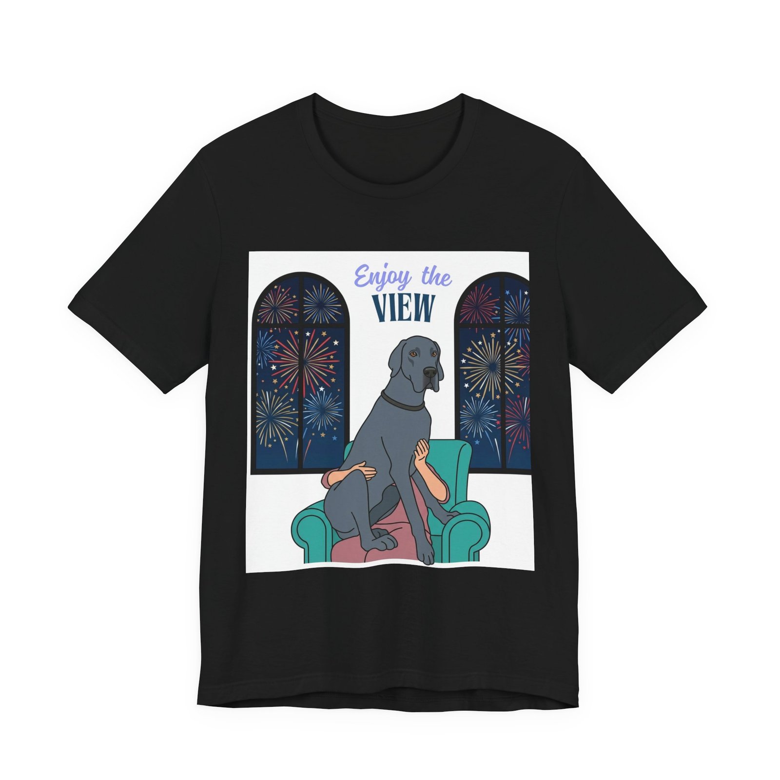 Blue Great Dane Enjoy the View T-Shirt — Dog Watching Fireworks Graphic Tee - Image 11