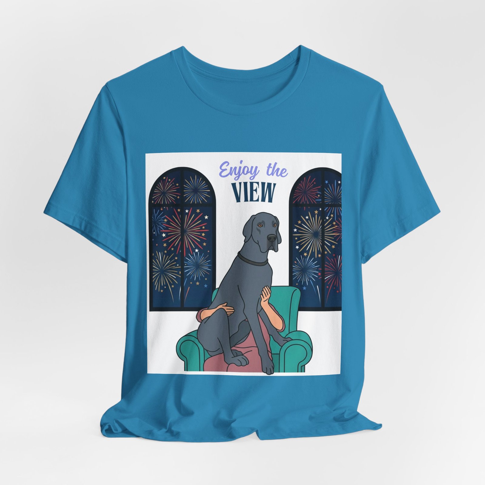 Blue Great Dane Enjoy the View T-Shirt — Dog Watching Fireworks Graphic Tee - Image 34