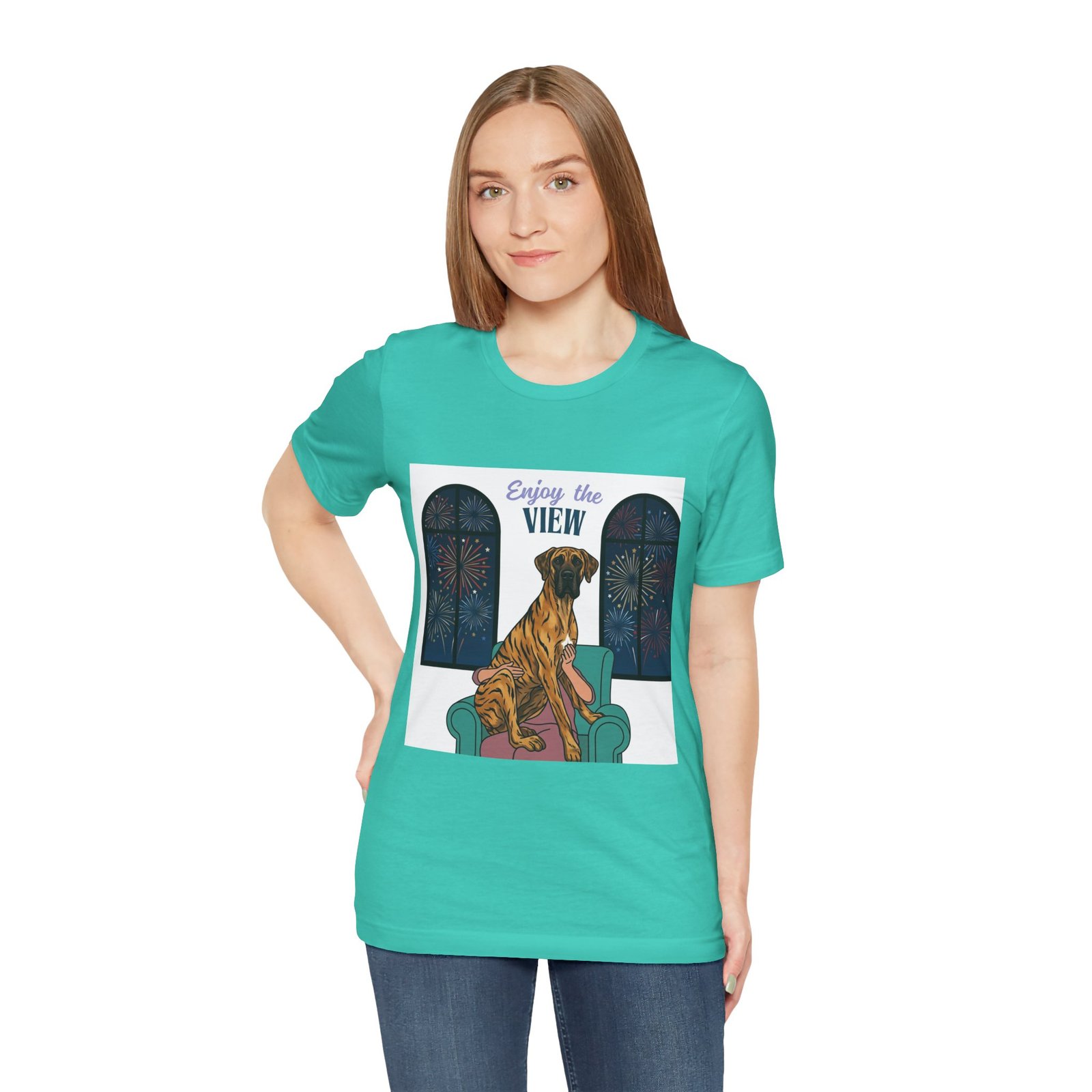 Brindle with white chest marking Great Dane Enjoy the View T-Shirt — Dog Watching Fireworks Graphic Tee - Image 30