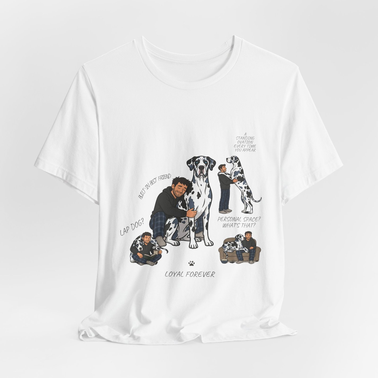 Blue and Black Merlequin with blue eyes Great Danes Illustrated Tee — "Men + Great Danes" Graphic T-Shirt - Image 5