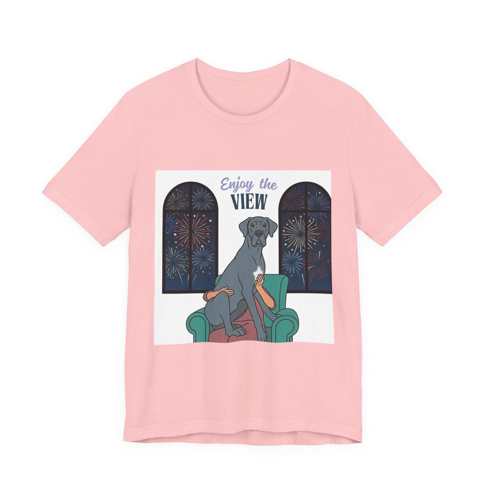Blue with white chest marking Great Dane Enjoy the View T-Shirt — Dog Watching Fireworks Graphic Tee - Image 61
