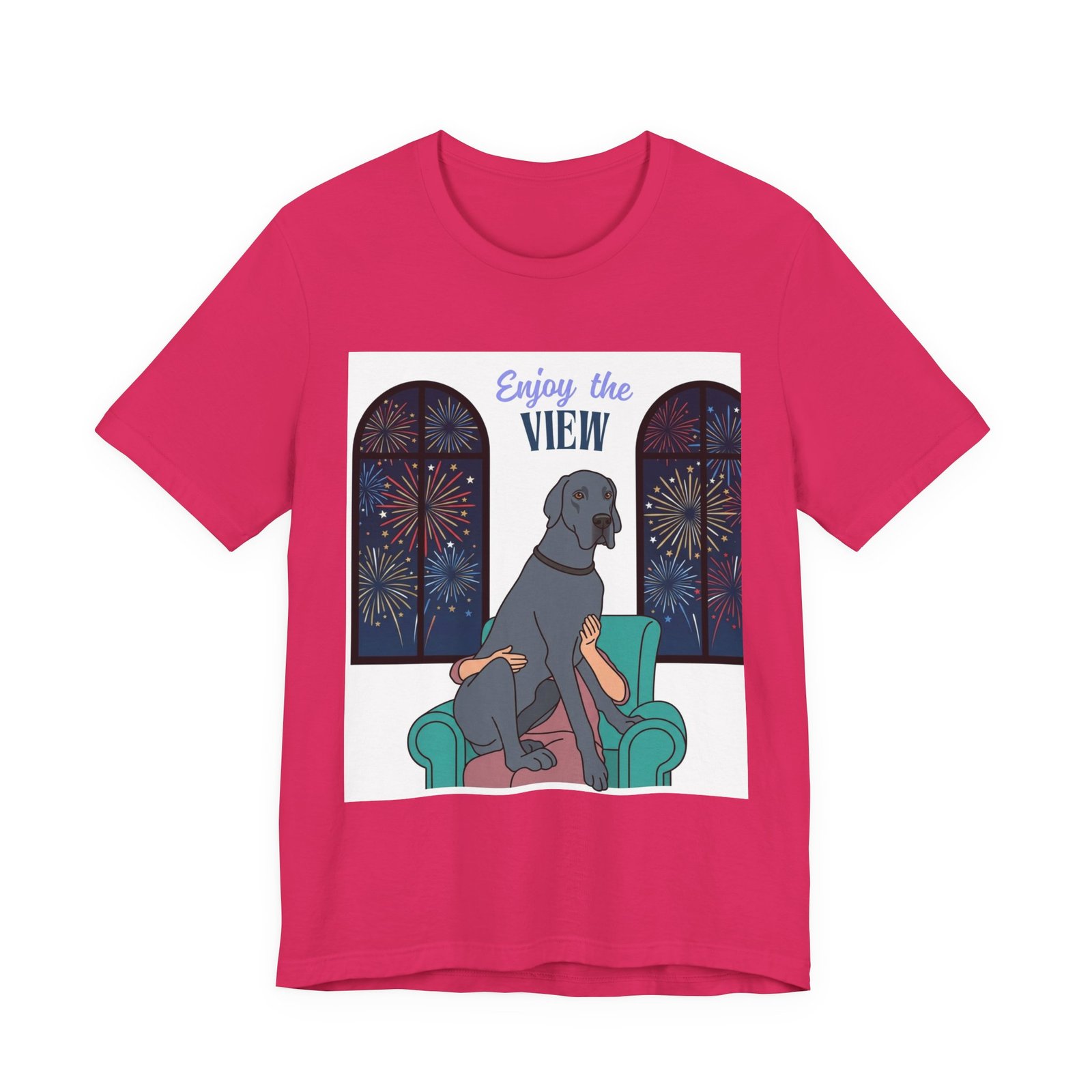 Blue Great Dane Enjoy the View T-Shirt — Dog Watching Fireworks Graphic Tee - Image 56