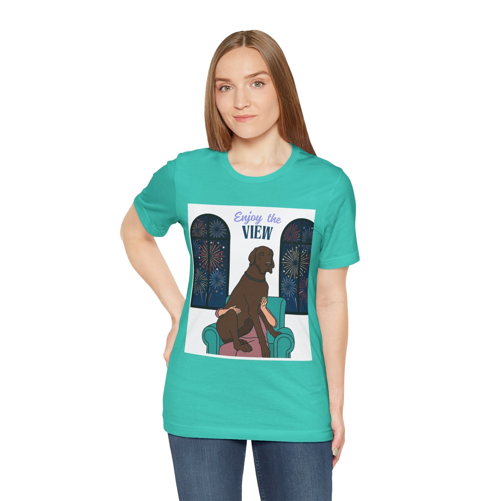 Chocolate Great Dane Enjoy the View T-Shirt — Dog Watching Fireworks Graphic Tee - Image 25