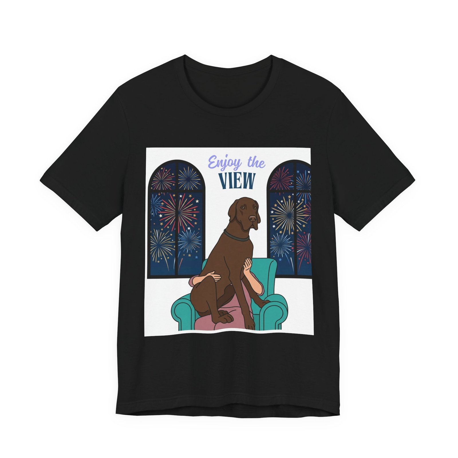 Chocolate Great Dane Enjoy the View T-Shirt — Dog Watching Fireworks Graphic Tee - Image 7