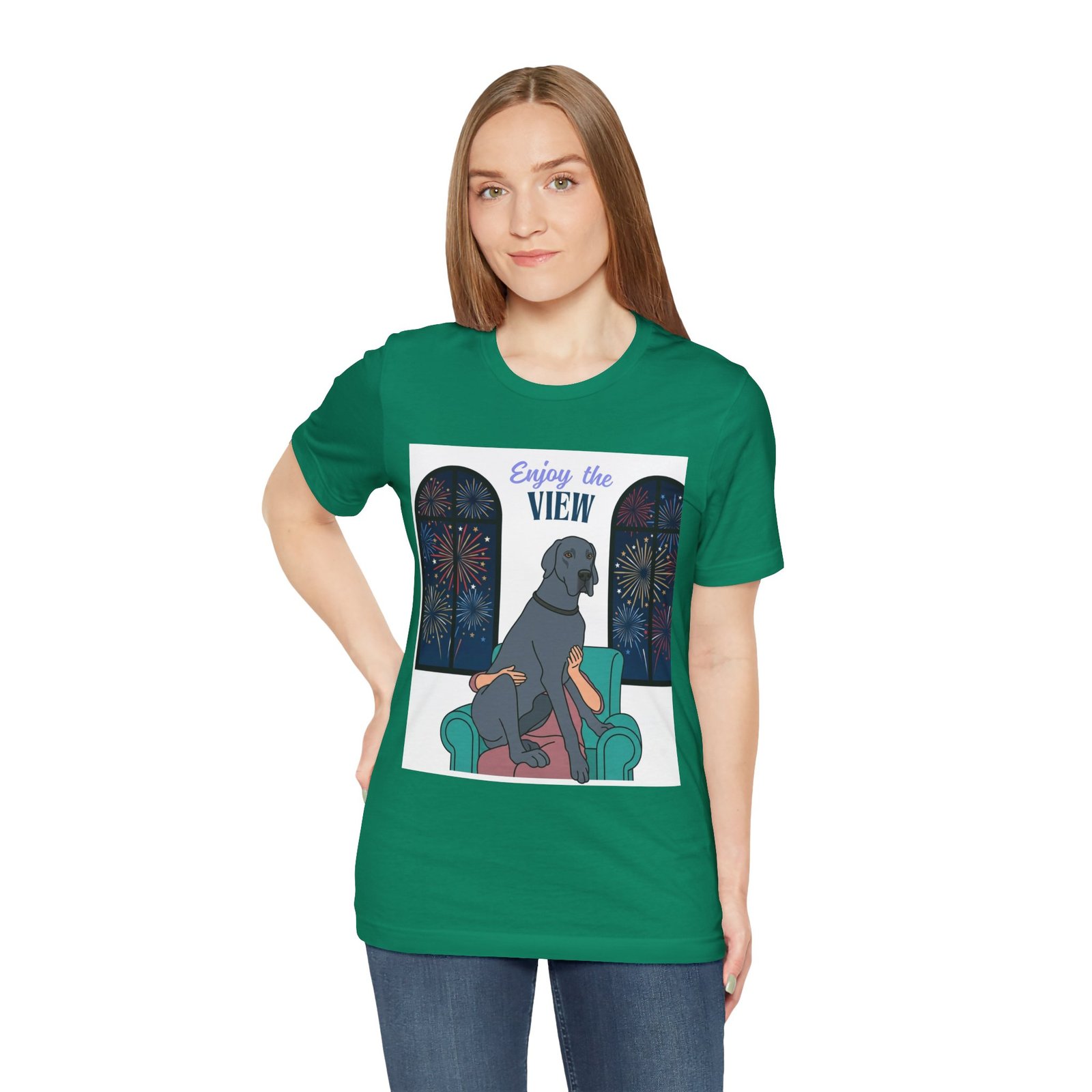 Blue Great Dane Enjoy the View T-Shirt — Dog Watching Fireworks Graphic Tee - Image 25