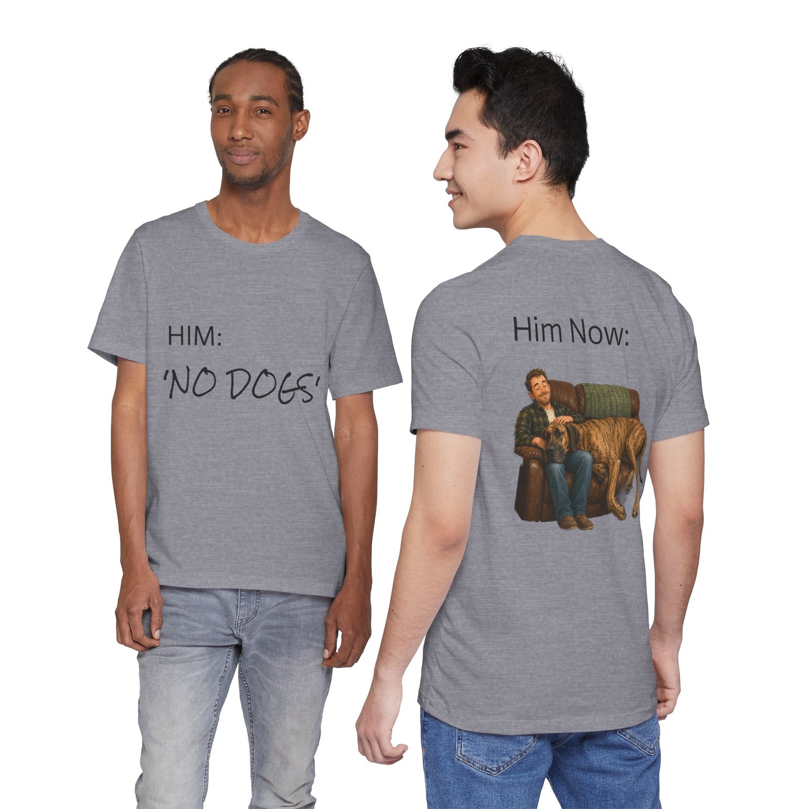 Brindle Great Dane T-Shirt — "NO DOGS" Script Front with Man and Dog on Couch Graphic - Image 50