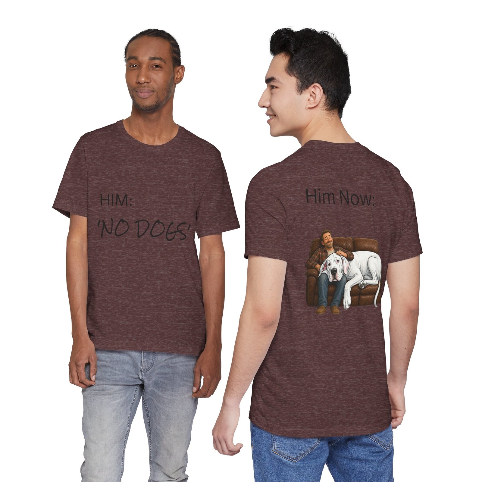 White Great Dane T-Shirt — "NO DOGS" Script Front with Man and Dog on Couch Graphic - Image 36