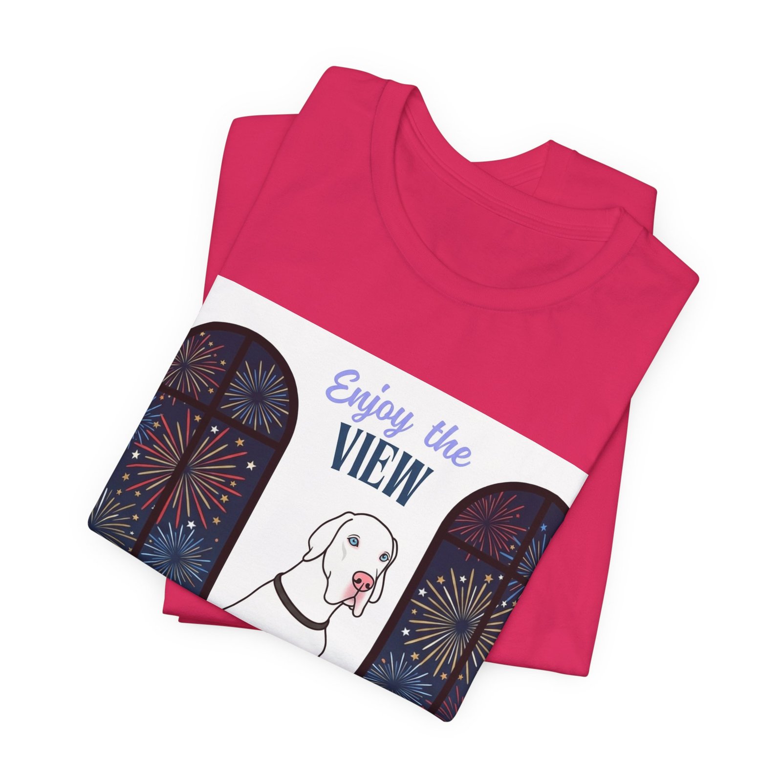 White with Blue Eyes Great Dane Enjoy the View T-Shirt — Dog Watching Fireworks Graphic Tee - Image 58